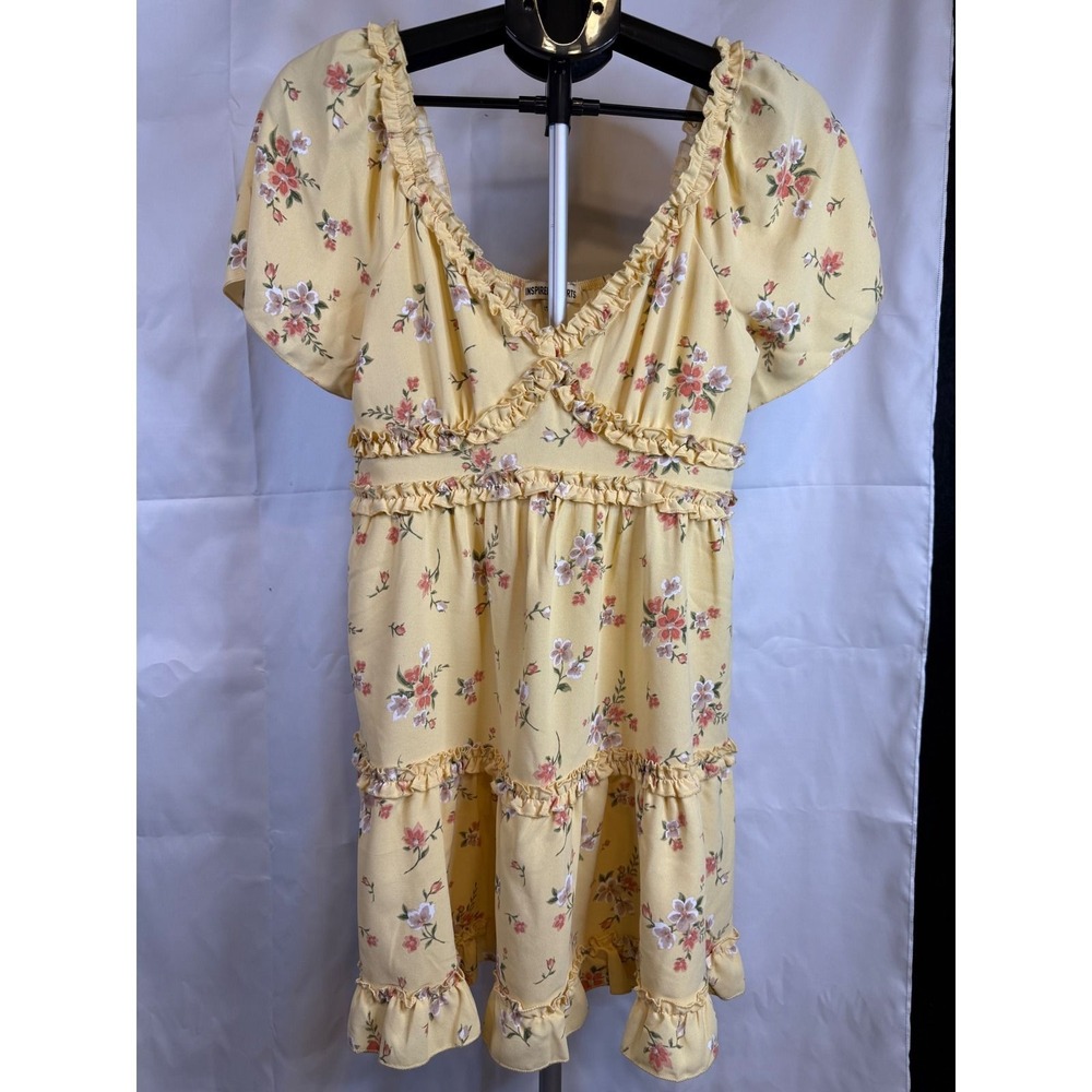 Inspired Hearts Yellow Floral Ruffle Tiered Babydoll Mini Dress Large 6CSPQ690R
